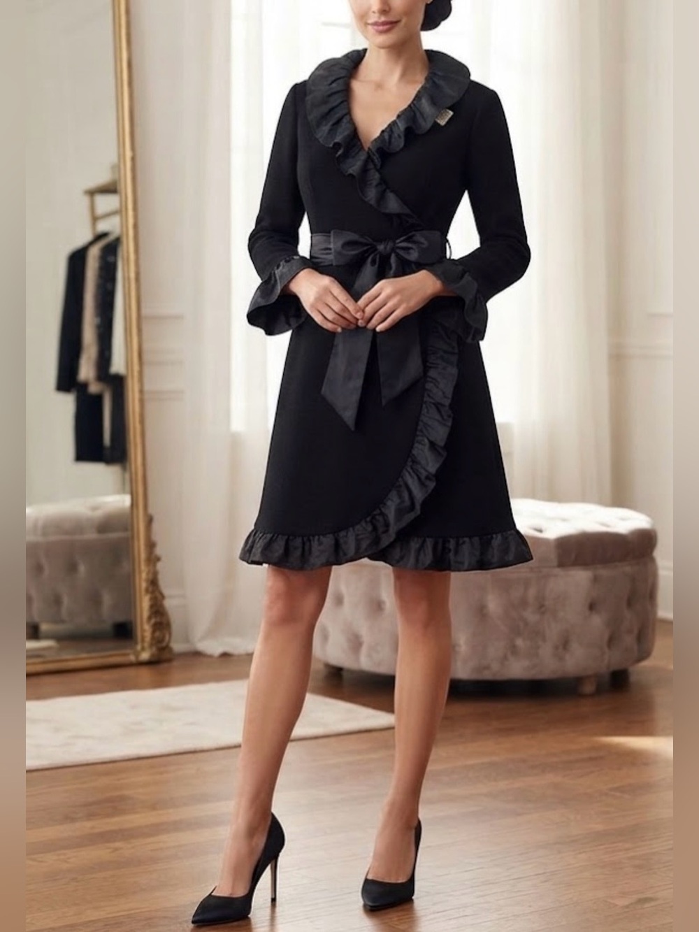 RICKIE FREEMAN FOR TERI JON wool wrap ruffle dress brooch vintage NEW size 16